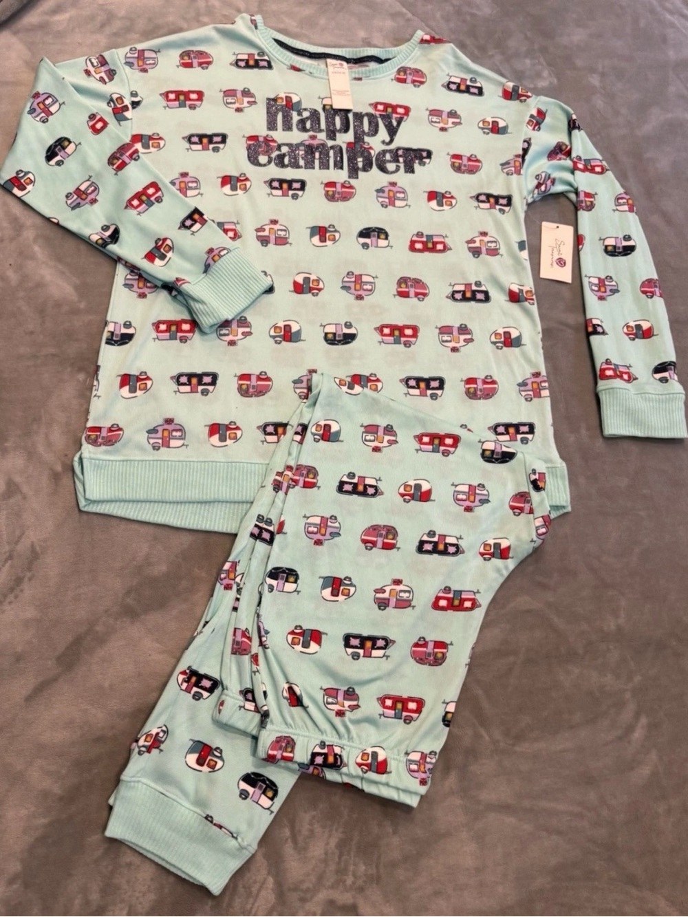 Secret Treasures 2 Pc Pajama Set Long Sleeve Teal Happy Camper Large New w tags